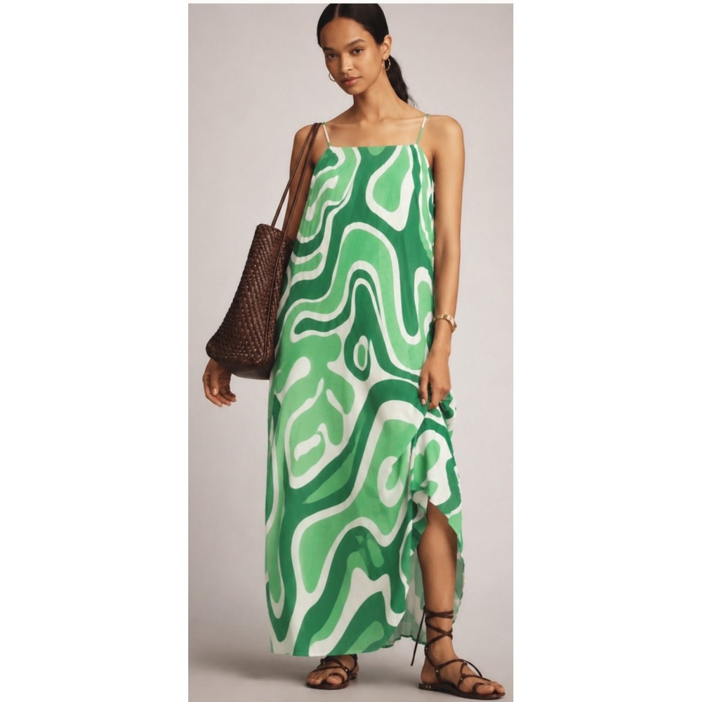 Farm Rio Anthropologie Maxi Dress Small Green Psychedelic Wave Boho Vacation